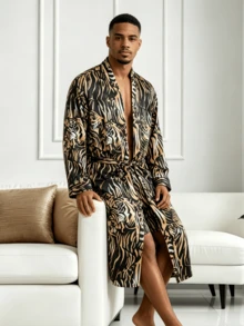QING ROU 2-Piece Men's Sleepwear Set With Long Robe And Shorts, Tiger Patterned Ice Silk Bathrobe, Suitable For Home Wear, Leisure And Vacation - Multicolor - View 9