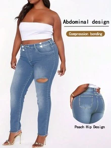 Women's Y2K Casual Skinny Oversized Jeans With Ripped Decorations, Suitable For All Seasons, Perfect For Daily Outings, Parties, And Dating. - 藍色 - 查看 5