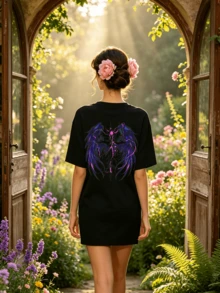 Women's Summer Casual Soft Round Neck Short Sleeve T-Shirt,Pink Lightning Wings Print Graphic Suitable For Spring And Summer Wear. - Negro - Ver 2