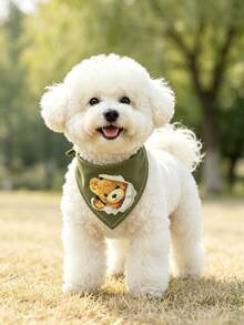Comfortable Soft Polyester Green Bear Pattern Scarf, Suitable For Cats And Dogs Pet Accessories, Cartoon Print, Suitable For Cats And Dogs Indoor Or Outdoor Use - Army Green - View 2