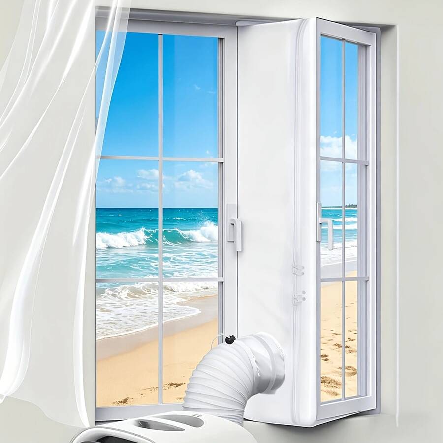 Tira de sellado de ventana con conector ajustable universal, adecuada para múltiples tamaños, con cremallera y cierres adhesivos, compatible con todos los aires acondicionados portátiles. Nueva actualización con puño añadido para un mejor efecto de sellado. - Blanco - Ver 1