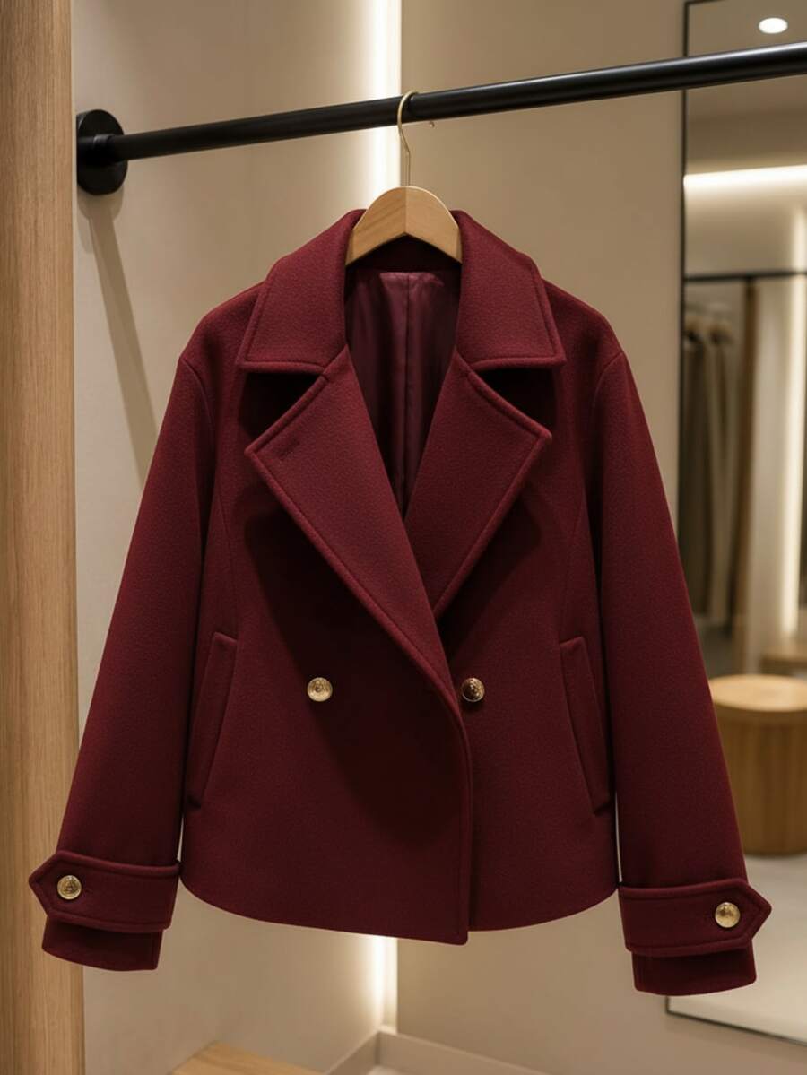 Women's Jacket, Cold Weather Coat, Woolen Coat, Blouse With Buttons, Luxury - 酒紅色 - 查看 1