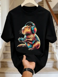Herren Sommer Lässig Weiches Rundhals Kurzarm-Shirt, Gaming Capybara Muster Grafik Frühling und Sommer Kleidung. Weiß - Schwarz - Übersicht 5