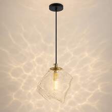 Modern Minimalist Transparent Glass Pendant Light | Asymmetrical Rippled Glass Shade | G9 Lamp Holder (Bulb Not Included) | Black Ceiling Mount | Bedroom Dining Room Living Room Decor - Clear - View 2