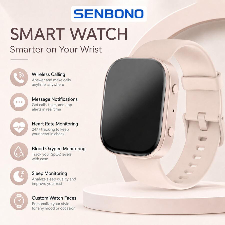 SENBONO Smart Watch For Men & Women With Wireless Calling, Heart Rate & SpO2 Monitor, Multi-Sport Modes, Music & Camera Control, Calculator, DIY Watch Face Smartwatch Compatible With Android & IOS - View 1