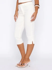 Women's Y2K Low Rise Capri Pants Slim Fit Cropped Trousers With Split Hem Animal Print And Solid Color Options For Spring And Summer Casual Streetwear - White - View 4