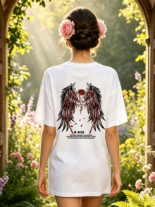 Women's Summer Casual Soft Round Neck Short Sleeve T-Shirt,Rose Wings Print Graphic Suitable For Casual Spring And Summer Wear. - Blanco - Ver 4