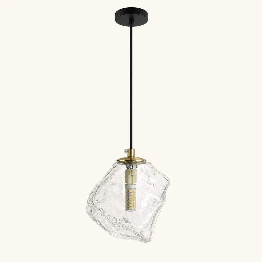 Modern Minimalist Transparent Glass Pendant Light | Asymmetrical Rippled Glass Shade | G9 Lamp Holder (Bulb Not Included) | Black Ceiling Mount | Bedroom Dining Room Living Room Decor - Clear - View 1