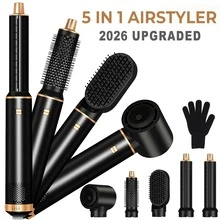 UKLISS Máy tạo kiểu đa năng 5 trong 1 (Bàn chải sấy nóng + Máy uốn tóc tự động) | 5 đầu thay thế có thể tháo rời + 3 mức nhiệt độ | Uốn tóc tự động, tạo kiểu tóc xoăn/gợn sóng/thẳng/mượt như ở salon | Làm phồng tóc mái, tăng độ phồng chân tóc, tạm biệt tóc xơ rối | Tạo kiểu tùy chỉnh, tạo lớp/uốn xoăn vào trong | Phù hợp với mọi loại tóc - Xem 4
