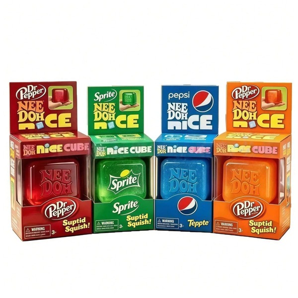 NeeDoh Nee Doh X Soda Brand Collaboration Ice Cube Stress Relief Blocks, 4pcs/Set Multi-Color Dr Pepper/Sprite/Pepsi Theme Squeeze Toys, Super Realistic Semi-Transparent Ice Cube Fidget Balls, Relieve Anxiety, ADHD And Autism, Super Squishable Balls, Suitable For IP Collectors And Cute Desktop Decor