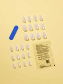 24片白色極簡波點短杏仁形穿戴甲套組，含1片黏貼片與1個指甲锉，適合日常佩戴，美感風格 - 彩色 - 查看 2