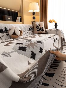 1pc All-Season Bohemian Non-Slip Sofa Cover, High-Weight Chenille Material, Premium Geometric Pattern Sofa Throw, Pet-Friendly Machine Washable Sofa Protector, Tassel Trim Vacation Blanket, Suitable For 1/2/3/4 Seater And Sectional Sofas, Perfect For Living Room Bedroom Sofa Decor, Home Decor Supplies - Chocolate Brown - View 9