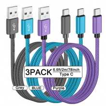3条装 USB-A 转 USB-C 快速充电数据线 [1米/2米/3米] 尼龙编织 Type-C 同步线。兼容三星 Galaxy A14 5G/A13/A54/A53/A23/A24/A03s/S23/S22 Ultra/S21/S20；也兼容 16/15 系列和各种安卓智能手机。适用于 Type-C 充电器。 - 彩色 - 查看 45