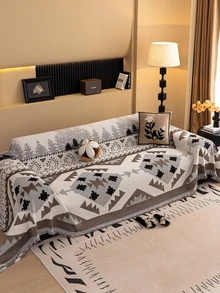 1pc All-Season Bohemian Non-Slip Sofa Cover, High-Weight Chenille Material, Premium Geometric Pattern Sofa Throw, Pet-Friendly Machine Washable Sofa Protector, Tassel Trim Vacation Blanket, Suitable For 1/2/3/4 Seater And Sectional Sofas, Perfect For Living Room Bedroom Sofa Decor, Home Decor Supplies - Chocolate Brown - View 11