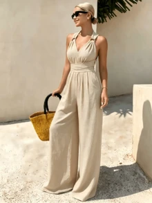 Apricot Casual V-Neck High Waisted Loose Fit Jumpsuit,Summer Lightweight Halter Backless Wide Leg Jumpsuit For Women,Sleeveless Crisscross Back Tie Waist Flowy Pantsuit For Beach Vacation - 杏色 - 查看 2
