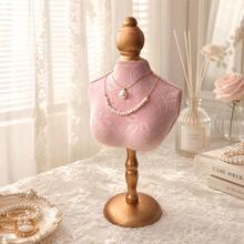 1pc Elegant Velvet Jewelry Display Stand, Gold Base - Floral Pattern, Desktop Organizer Tray, Ideal For Necklaces, Bracelets And Accessories, Retail Or Home Decor, Necklace Holder | Floral Pattern Stand | Wooden Base, Sturdy And Durable,Room Decor - Multicolor - View 9