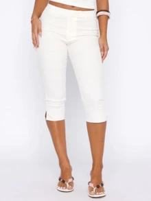 Women's Y2K Low Rise Capri Pants Slim Fit Cropped Trousers With Split Hem Animal Print And Solid Color Options For Spring And Summer Casual Streetwear - White - View 3