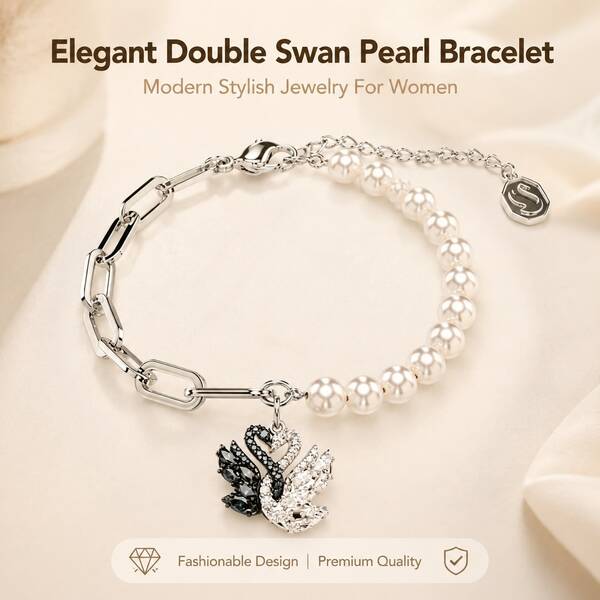 Women's Two‑Tone Swan Pearl Paperclip Chain Bracelet, Dark Blue Clear Stone Silver‑Toned Adjustable Jewelry