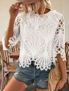 Plus Size Women's White Lace Crop Top, Round Neck, 3/4 Sleeve, Semi-Sheer Hollow Design, Asymmetrical Hem Summer Vacation - White - View 1