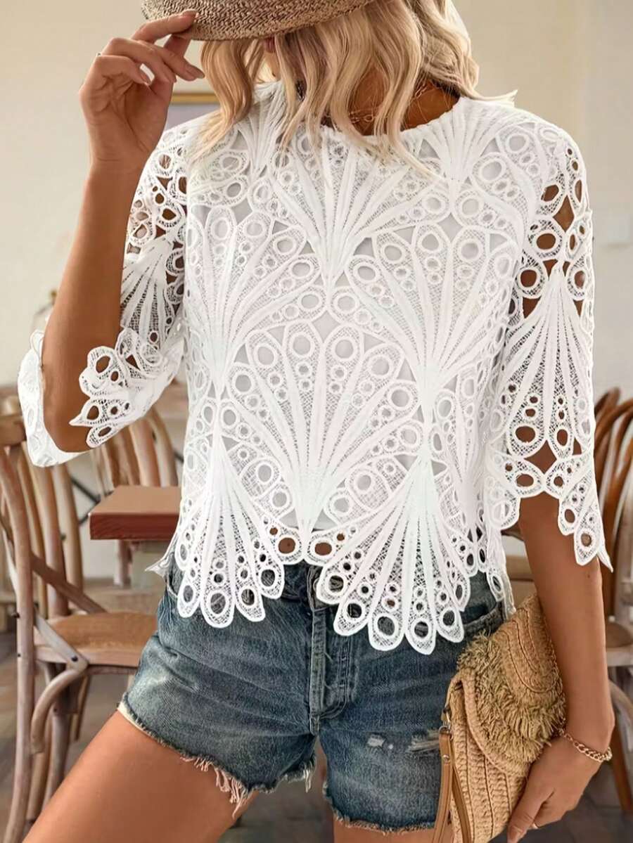 Plus Size Women's White Lace Crop Top, Round Neck, 3/4 Sleeve, Semi-Sheer Hollow Design, Asymmetrical Hem Summer Vacation - White - View 1
