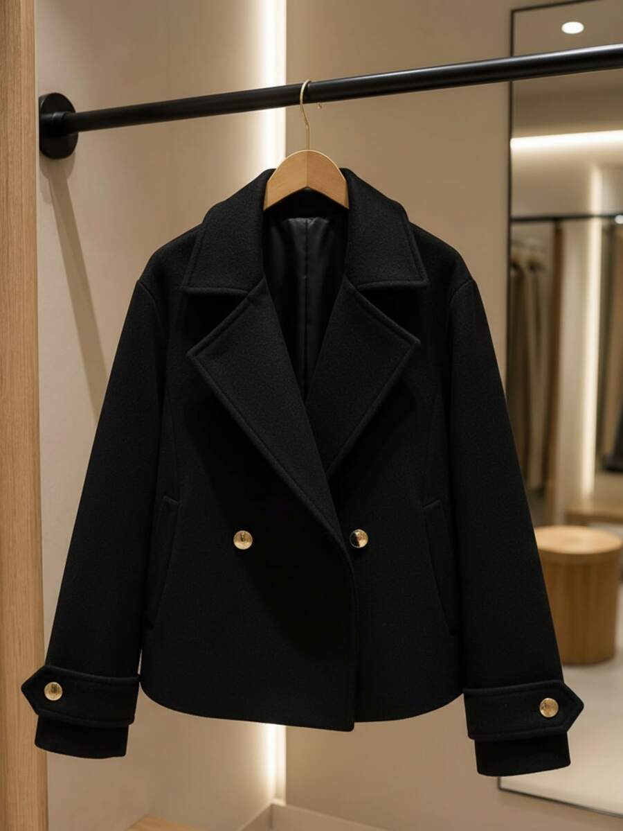 Women's Jacket, Cold Weather Coat, Woolen Coat, Blouse With Buttons, Luxury - 黑色 - 查看 1