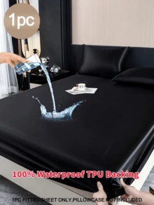 1pc Solid Black TPU Backed Waterproof Satin Fitted Sheet, 1pc Fitted Sheet, Valentine's Day Mattress Cover, Suitable For Home Use In Oversized/Queen/Full/Twin Size Beds, Mattress Depth Up To 11.8 Inches, Breathable & Wrinkle-Resistant, Machine Washable - Black - View 1