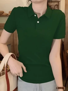 女款大尺碼經典 Polo 衫 素色短袖修身休閒日常基礎 T-shirt 上衣 - 墨綠色 - 查看 6