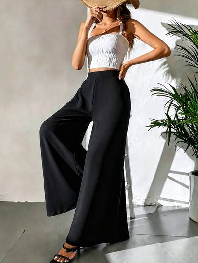 Women's Casual Solid Color Wide Leg Pocket Pants Spring&Summer