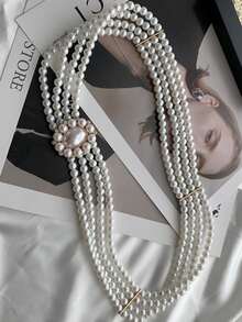 Row Pearl Waist Chain For Women, Elastic Fashion Belt For Dresses, Chic Boho Body Jewelry, Party Accessory Concert Outfit - White - View 7