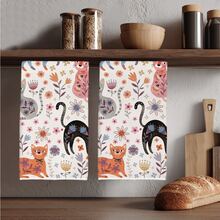 2pcs Minimalist Cute Cartoon Cat Pattern Kitchen Towels, Soft Polyester Material Dish Cloths, Suitable For Kitchen Decor, Cleaning, Holiday Party Decoration, Kitchen & Bathroom Essentials, Home Decor, Housewarming Gift - Multicolor - View 1