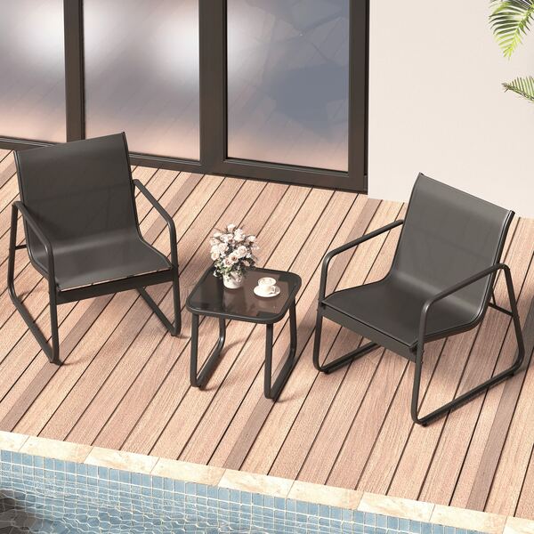 Ensemble de salon de jardin 3 pièces, en tissu respirant avec pieds réglables, robuste et durable, idéal pour le jardin ou la piscine, noir.