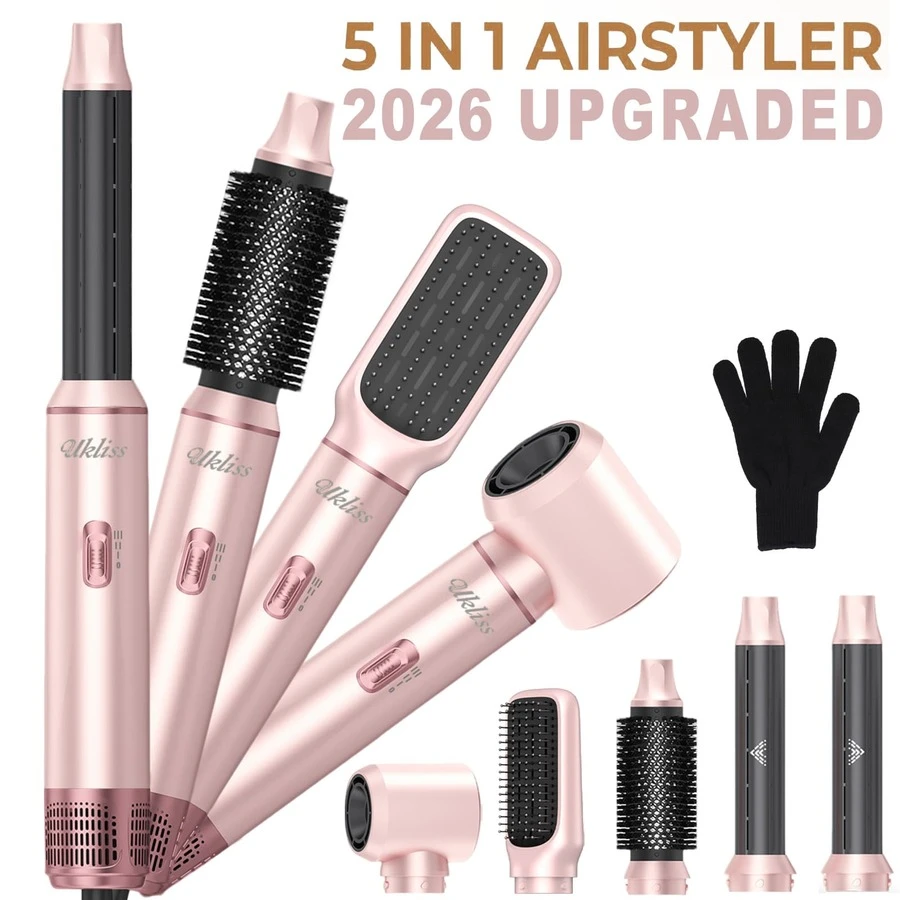UKLISS 5-In-1 Multi-Function Hot Styling Brush And Curling Iron | 3 Temperature Settings, 5 Interchangeable Heads, Create Curls, Waves, Smooth Styles | Detachable Heads, Auto Curling | Multi-Function Professional Hair Tool, Compact And Portable Design | Suitable For All Hair Types And Styles.