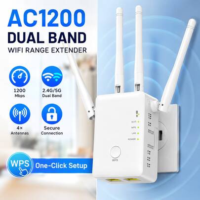 Repetidor inalámbrico Wavlink AC1200 Extensor de rango Enrutador de banda dual 1167Mbps 4 antenas externas Blanco