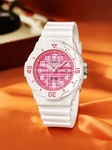 CASIO 女款學生防水運動手錶，白色錶殼搭配粉色格紋錶盤，極簡石英腕錶，適合中學生與高中女生，戶外、游泳、百搭、清新，白色手錶，禮物 - 白色 - 查看 7