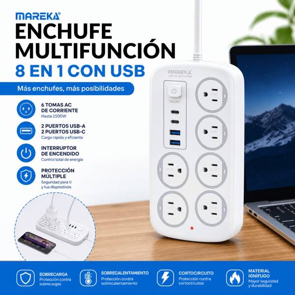 Esta regleta multifuncional cuenta con 6 enchufes y 2 puertos USB/2 puertos USB tipo C, y mide 1,8 metros de longitud. Permite cargar teléfonos móviles, ordenadores portátiles y otros dispositivos electrónicos.