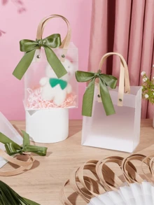 6/1 Set Hochzeitsgeschenktüten-Set, Rot/Grün/Rosa mattierte transparente Griffe mit breiter Schleife und Raffia, elegante kleine Geschenktüten, festliche Verpackungstüten, Geschenkverpackungstüten, geeignet für Hochzeitsgeschenke, Feiern, Geburtstagsparty-Verpackung, Brautparty - Mehrfarbig - Übersicht 4