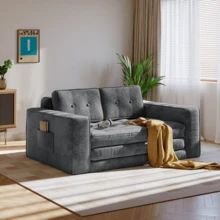 2-Seater Corduroy Modular Foam Sofa Bed, 143x92x61 Cm, Convertible Sleeper Sofa With 2 Cushions, Vacuum Packed - 灰色 - 查看 7