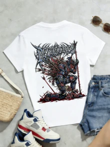 Women's Summer Casual Soft Round Neck Short Sleeve T-Shirt,Gothic Knight Print Graphic Suitable For Spring And Summer Outfits. - White - View 5