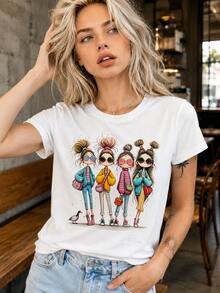 Women's Four Stylish Girls Fashion Graphic T-Shirt, Streetwear Casual Summer Tops For Women, 100 Percent Cotton Soft Breathable Loose Fit Short Sleeve Tee, Summer Outfits For Women, Plus Size Available, Going Out Outfit, Girls Night Brunch Date Top - 白色 - 查看 2
