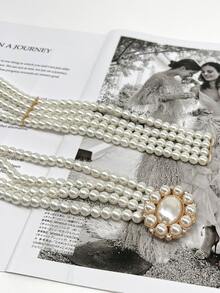 Row Pearl Waist Chain For Women, Elastic Fashion Belt For Dresses, Chic Boho Body Jewelry, Party Accessory Concert Outfit - White - View 6