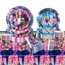 51件組 K-POP 女團主題返校派對服裝套裝，適合10人使用，一次性生日派對餐具包含盤子、杯子和餐巾紙，節日裝飾用品，適用於露營、野餐、後院燒烤和派對裝飾，亦適合萬聖節、聖誕節和派對裝飾，是給粉絲的驚喜禮物 - 彩色 - 查看 12