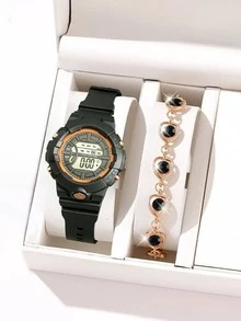 Casual Electronic Watch For Middle And High School Students, Minimalist Versatile Wristwatch And Heart Bracelet Set, Suitable As Back To School, Graduation Season, Valentine's Day Gift - Multicolor - View 3