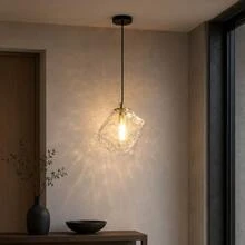 Modern Minimalist Transparent Glass Pendant Light | Asymmetrical Rippled Glass Shade | G9 Lamp Holder (Bulb Not Included) | Black Ceiling Mount | Bedroom Dining Room Living Room Decor - Clear - View 3