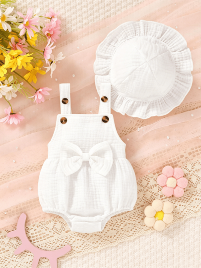 2pcs/Set Baby Girls' Casual Elegant Fashion, Soft & Comfortable, Bow Decor Solid Color Cotton Romper & Hat Set, Baby Girl Clothing, Infant Supplies, Newborn Outfit, Suitable For Daily Wear, Party, Vacation, Photography, Outdoor