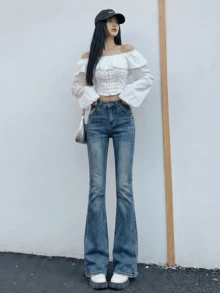 YEAE | Celana Jeans Flare Hitam Wanita, Celana Denim Panjang Kasual Tanpa Peregangan dengan Saku Kancing dan Detail Resleting Musim Semi dan Gugur - Medium Wash - View 5