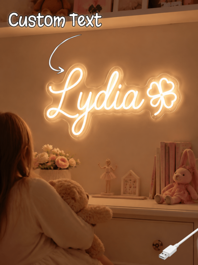 Custom Kids Name Neon Sign - Clover Accent LED Neon Light For Baby Nursery, Girls Bedroom, Toddler Room Wall Decor, USB Powered Warm White Neon, Unique Birthday Gift For Little Girls