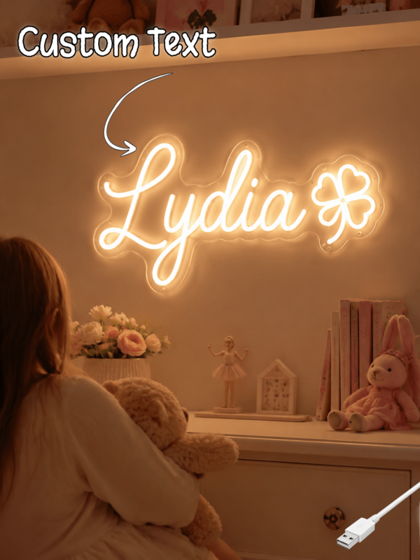 Personalisiertes Kinder-Neon-Schild - Kleeblatt-Akzent LED-Neonlicht für Babyzimmer, Mädchenzimmer, Kinderzimmer-Wanddekoration, USB-betriebenes warmweißes Neon, einzigartiges Geburtstagsgeschenk für kleine Mädchen