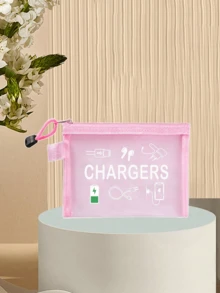 網格化妝包印有「Charger」字母，便攜式收納包，多功能收納包，化妝包，護膚包，旅行必需品，宿舍用品，珠寶收納，口紅和化妝品收納包。適合商務人士和旅行者，實用便攜式收納包，完美用於存放旅行、辦公室和居家數位配件，推薦作為節日和生日禮物 - 彩色 - 查看 8