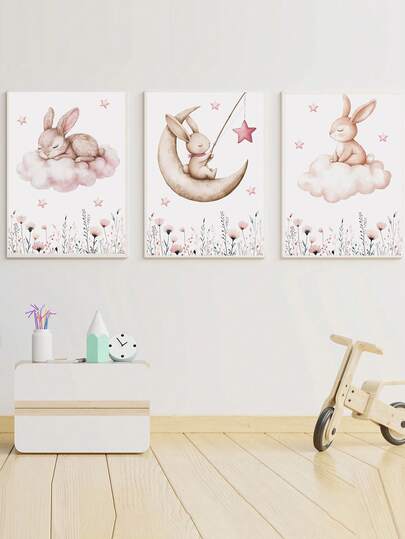1pc, Canvas Wall Art, Framed Nursery Wall Decor, Watercolor Rabbit Nursery Mural, Dreamy Design Featuring Rabbits, Clouds, And The Moon, Accented With Pink Stars And Wildflowers, Soft Pastel Tones, Gender-Neutral Children's Room Decor, Ready-To-Hang Framed Art, Suitable For Toddler Bedrooms, Nurseries, Playroom Gallery Walls, Reading Corners, Daycare Wall Decor