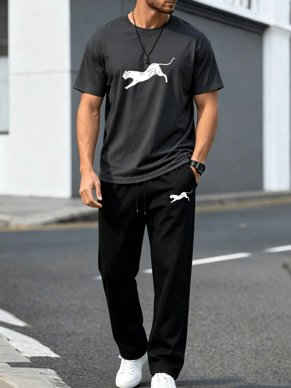 2pcs/Set Men's Casual Animal Graphic Short Sleeve T-Shirt And Shorts Set, Suitable For Street, Outdoor And Daily Wear